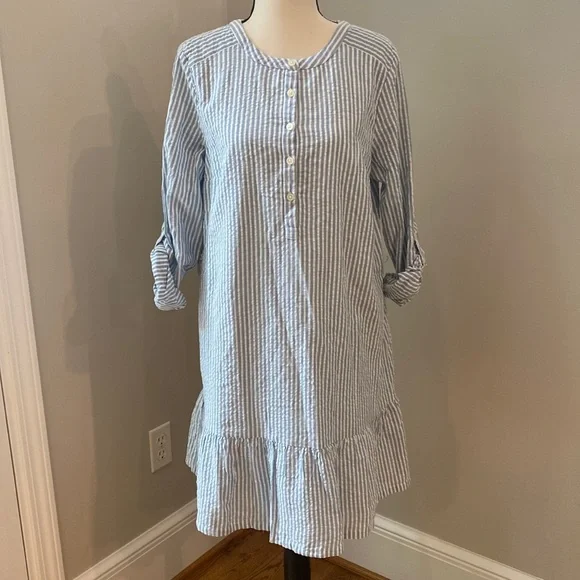 Ann Taylor Loft NWT midi dress long sleeve lightweight pinstripe seersucker - Picture 2 of 12